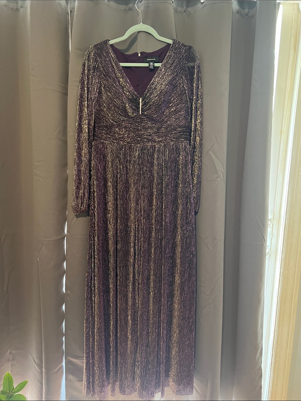 R & M Richards Purple and Gold Metallic Long Sleeve Maxi Dress